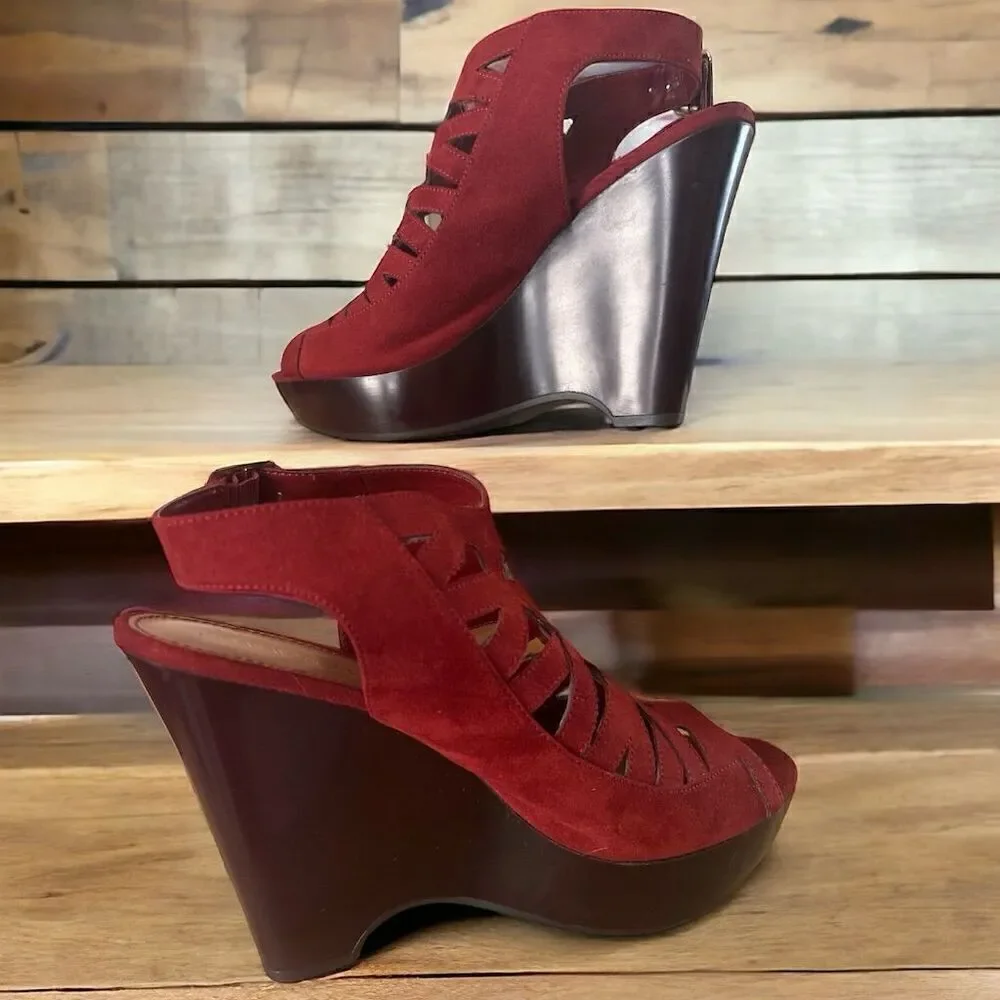 Nine West Burgandy Faux Suede Boho Cutouts Peep-Toe Wedge Sandals  5